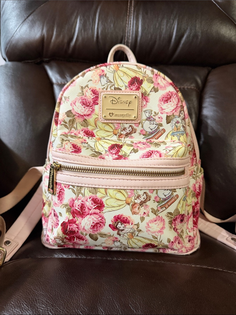 Loungefly Disney Floral Belle Mini Backpack in Pink and Cream